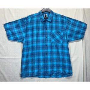 Bugle Boy XL Blue Plaid Short Sleeve Button Up Shirt Ramie Cotton Blend